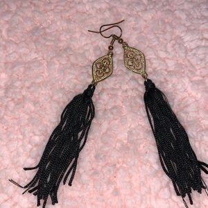 Black silk and gold fringe earrings